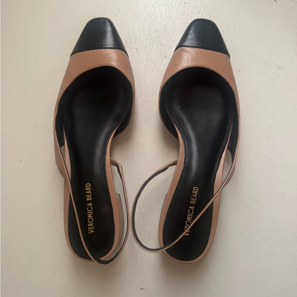 Veronica Beard Tan and Black Pointed-Toe Slingback Flats - Picture 7 of 15
